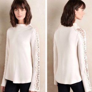 Anthropologie Lace Sleeve Funnel Neck Sweater